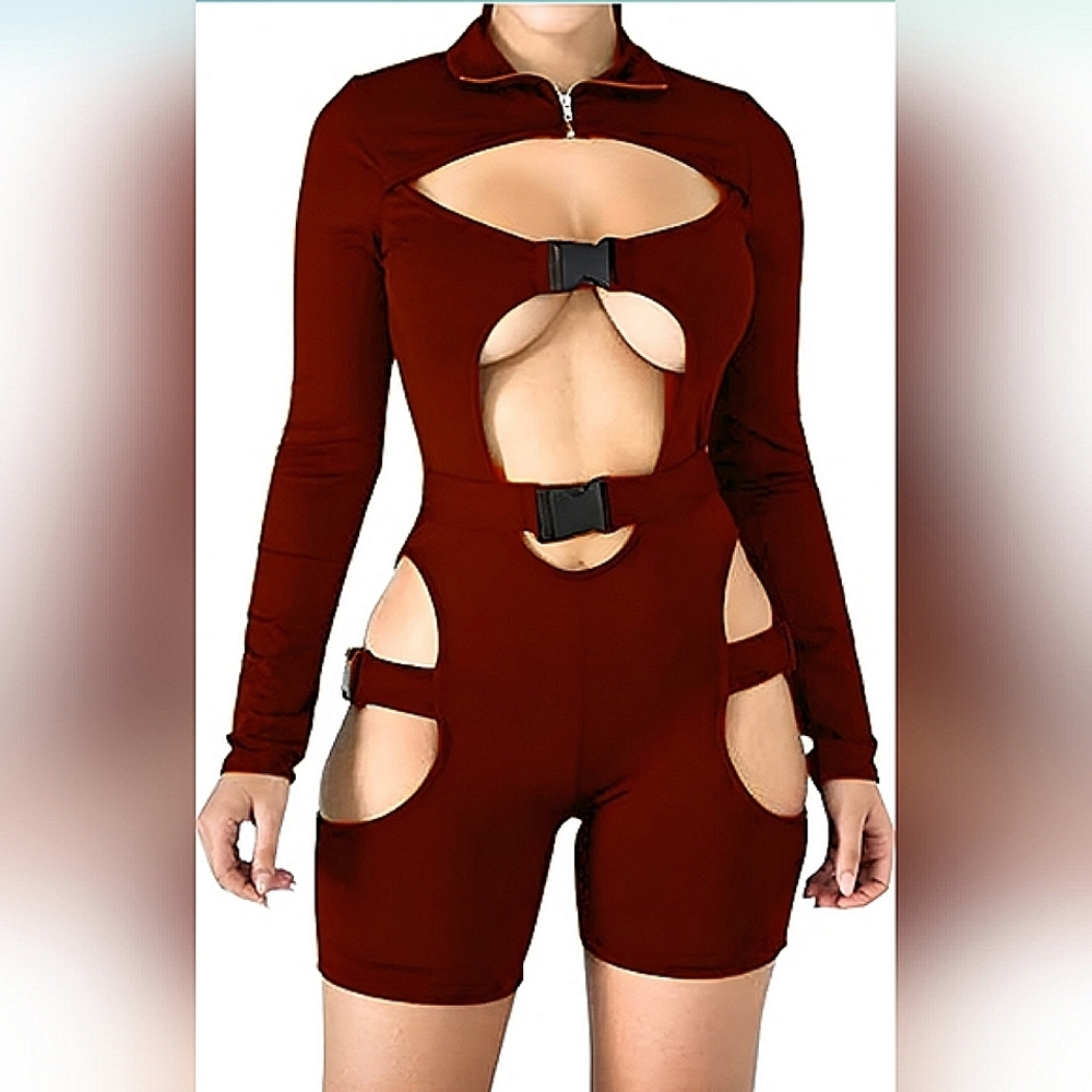 Burgundy Red Wine Buckle Long Sleeve Cut-Out Bodysuit